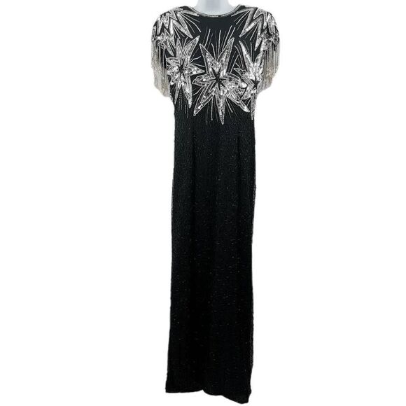 Vintage Black Silk Dress with Hand-Embellished Tassels & Silver Beads/Sequins | - Picture 1 of 5